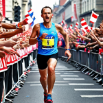 ** Marathon runner mid-race, focused expression, surrounded by cheering crowd. Energy gel packet visible. Emphasize endurance and determination.

**