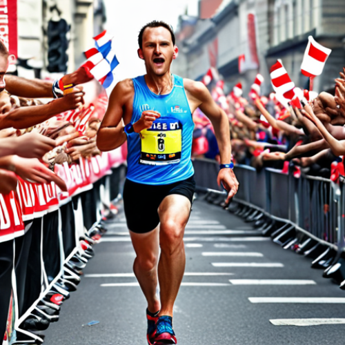 ** Marathon runner mid-race, focused expression, surrounded by cheering crowd. Energy gel packet visible. Emphasize endurance and determination.

**