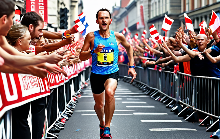 ** Marathon runner mid-race, focused expression, surrounded by cheering crowd. Energy gel packet visible. Emphasize endurance and determination.

**