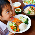 **

Prompt: "Healthy Thai child eating a balanced meal of rice, vegetables, fish, and fruit. Bright, colorful, and focus on the joy of eating. Consider the cultural context of Thai cuisine."

**
