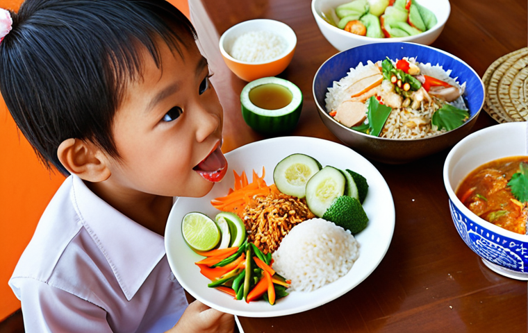 **

Prompt: "Healthy Thai child eating a balanced meal of rice, vegetables, fish, and fruit. Bright, colorful, and focus on the joy of eating. Consider the cultural context of Thai cuisine."

**