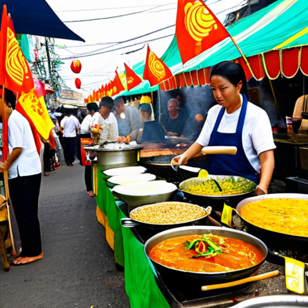 **
A vibrant and colorful Vegetarian Festival (กินเจ) food stall in Bangkok, Thailand. Focus on a diverse array of dishes featuring tofu, tempeh, lentils, and fresh vegetables. Include a variety of textures and cooking styles (stir-fried, grilled, in soups). In the background, bustling crowds and red and yellow Vegetarian Festival flags. Close-up shot, vibrant colors, realistic food photography, professional quality. *safe for work*, *appropriate content*, *fully clothed* (if people are visible), *modest*, *family-friendly*.
**