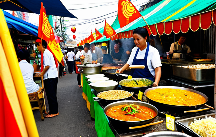 **

A vibrant and colorful Vegetarian Festival (กินเจ) food stall in Bangkok, Thailand. Focus on a diverse array of dishes featuring tofu, tempeh, lentils, and fresh vegetables. Include a variety of textures and cooking styles (stir-fried, grilled, in soups). In the background, bustling crowds and red and yellow Vegetarian Festival flags.  Close-up shot, vibrant colors, realistic food photography, professional quality.  *safe for work*, *appropriate content*, *fully clothed* (if people are visible), *modest*, *family-friendly*.

**
