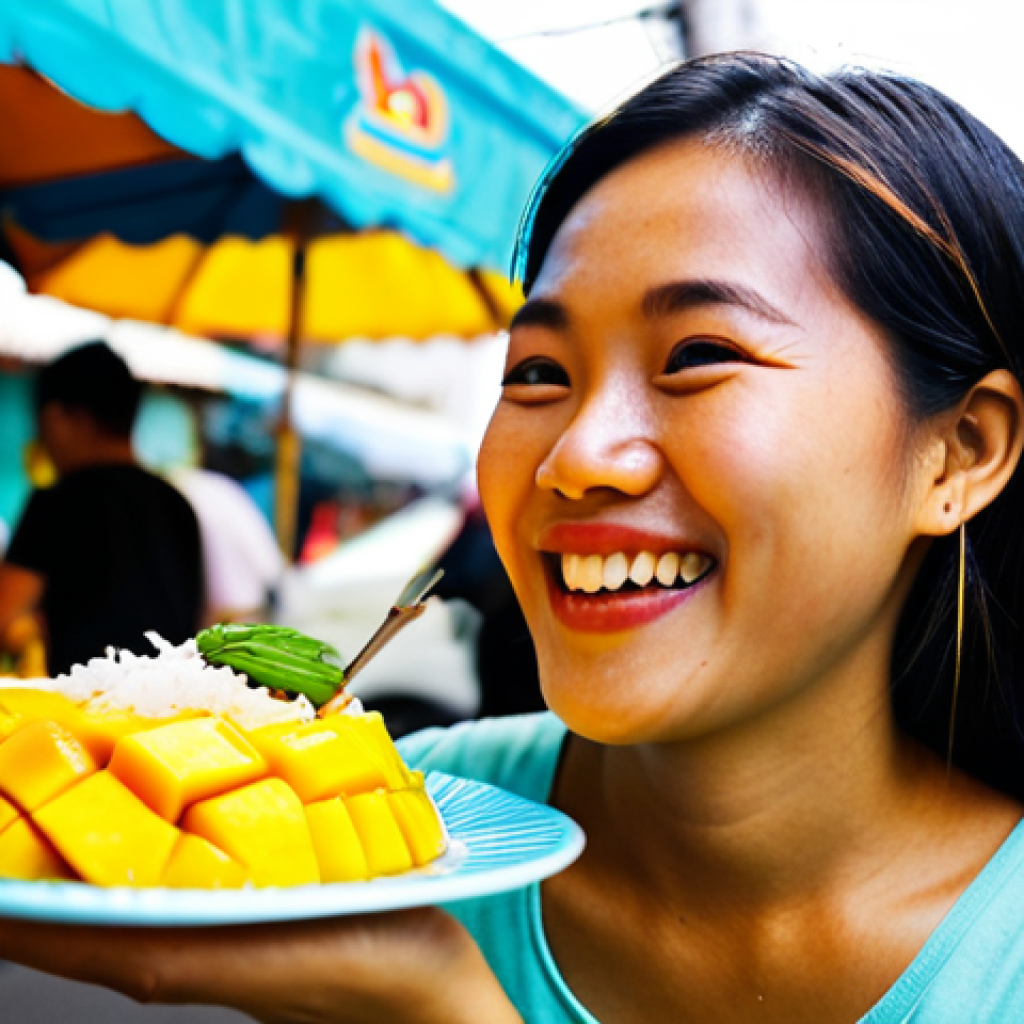 여성의 생리주기와 맞춤형 영양 - **Image:** A vibrant photo of a Thai woman enjoying a colorful plate of mango sticky rice (Khao Niao...