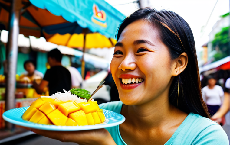 여성의 생리주기와 맞춤형 영양 - **Image:** A vibrant photo of a Thai woman enjoying a colorful plate of mango sticky rice (Khao Niao...