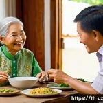 Home 21 노인을 위한 맞춤형 영양 식단 - **Image Prompt 1: Joyful Family Meal for a Thai Senior**
A heartwarming scene featuring a Thai e...