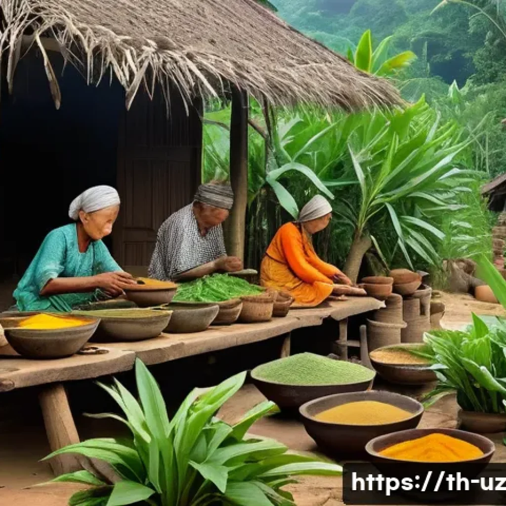 맞춤형 영양의 역사적 배경 - An ancient Southeast Asian village scene showing people preparing traditional herbal meals using tur...