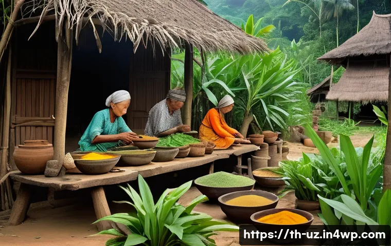 맞춤형 영양의 역사적 배경 - An ancient Southeast Asian village scene showing people preparing traditional herbal meals using tur...